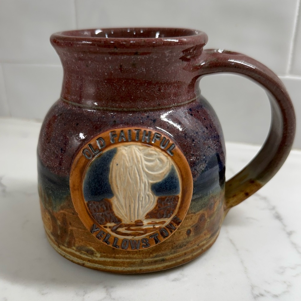 Old Faithful Pottery Mug C. Sheehan Signed On The Bottom Yellowstone Mug